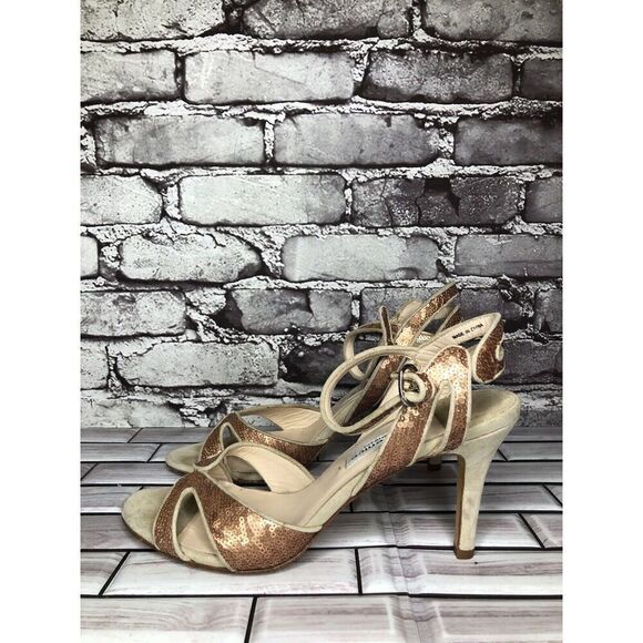 La Fenice Venezia Rose Pink Sequin Beige Suede Open Toe Heels Women Sz 10M US/41 - Picture 1 of 16